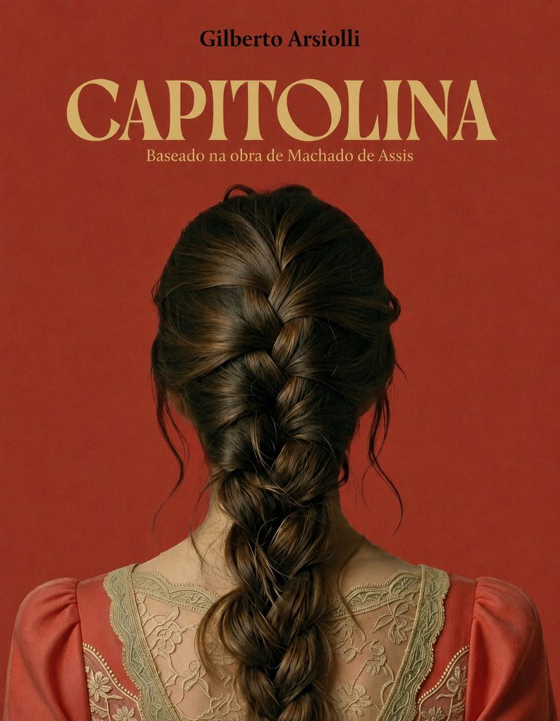 capa do livro capitolina, de gilberto arsiolli. mulher de costas com uma trança no cabelo, fundo vermelho